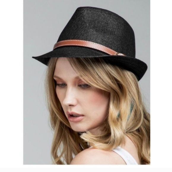 CLASSIC FEDORA BLACK W/FAUX LEATHER BELTED ACCENT-NEW - Picture 2 of 3